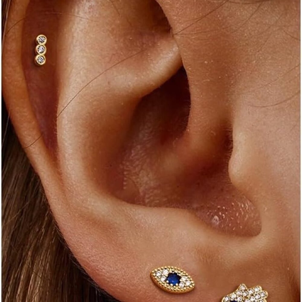 Sterling Silver Stud Earrings 3 Pairs Gold Flat Back Hypoallergenic Jewelry